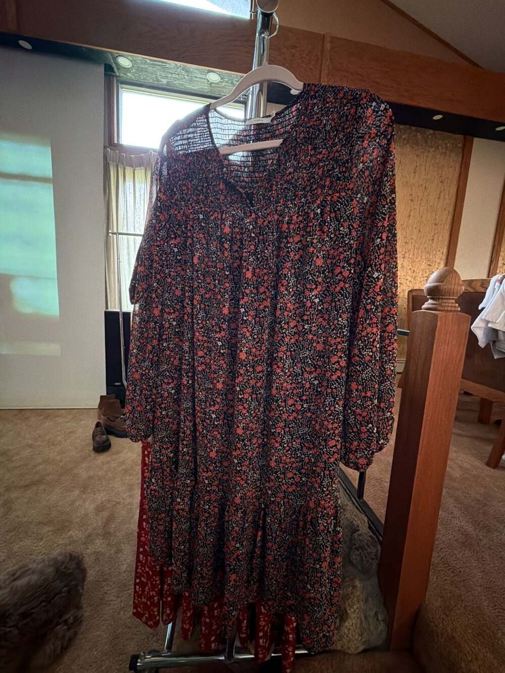 Lush Black Red Floral Smocked Long Sleeve Tiered Midi Dress